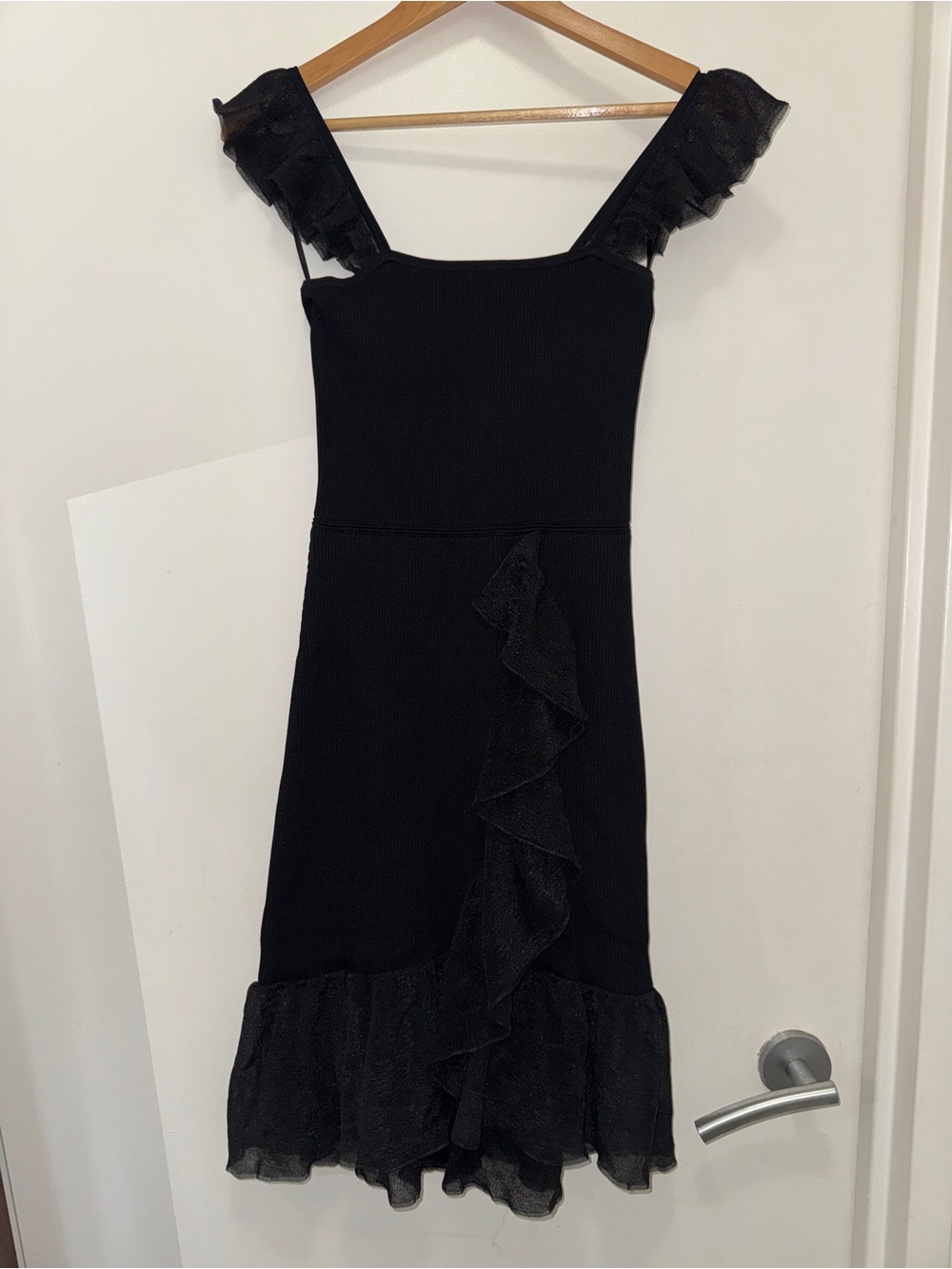 Sandro Black Ruffle-Trim Knit Mini Dress